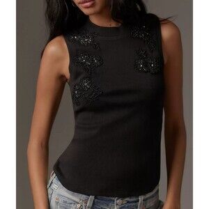 By Anthropologie Beaded Appliqué Tank Blouse Top Ribbed Floral Black L-P 266211
